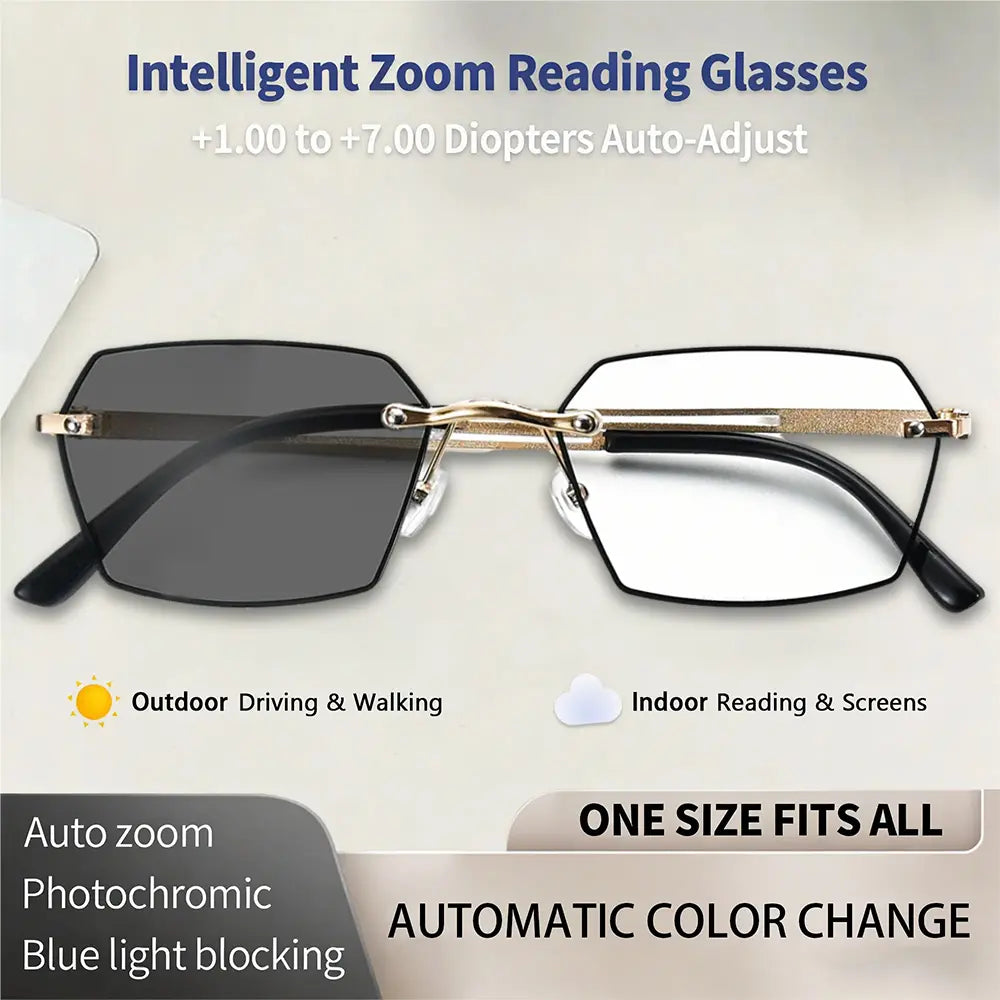 Auto-Adjusting High Definition Reading Glasses, Stylish Rimless Computer Eyewear, UV Protection Eyeglasses