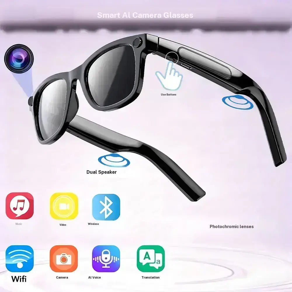 AI-Enhanced Smart Glasses with 8MP Light-Sensitive Lenses, Touch and Button Controls, Bluetooth Connectivity, Real-Time Translation, and Video Recording Features