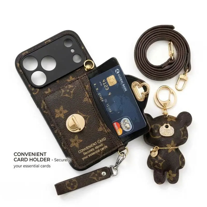 Luxury iPhone 17 Pro Max Wallet Case for Women with Brown Bear Keychain and Shoulder Strap - The Perfect Blend of Fashion and Safety