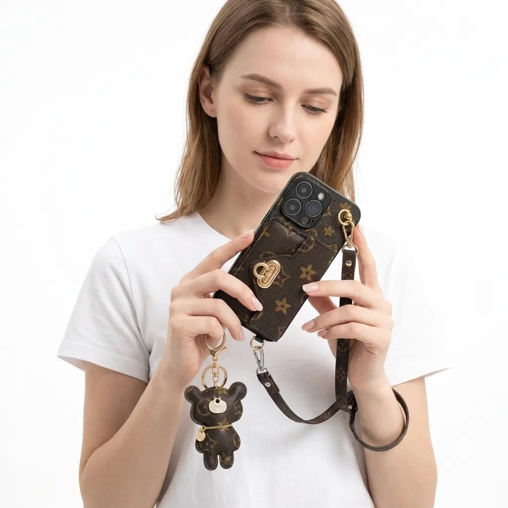 Luxury iPhone 17 Pro Max Wallet Case for Women with Brown Bear Keychain and Shoulder Strap - The Perfect Blend of Fashion and Safety