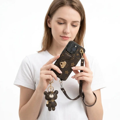 Luxury iPhone 17 Pro Max Wallet Case for Women with Brown Bear Keychain and Shoulder Strap - The Perfect Blend of Fashion and Safety