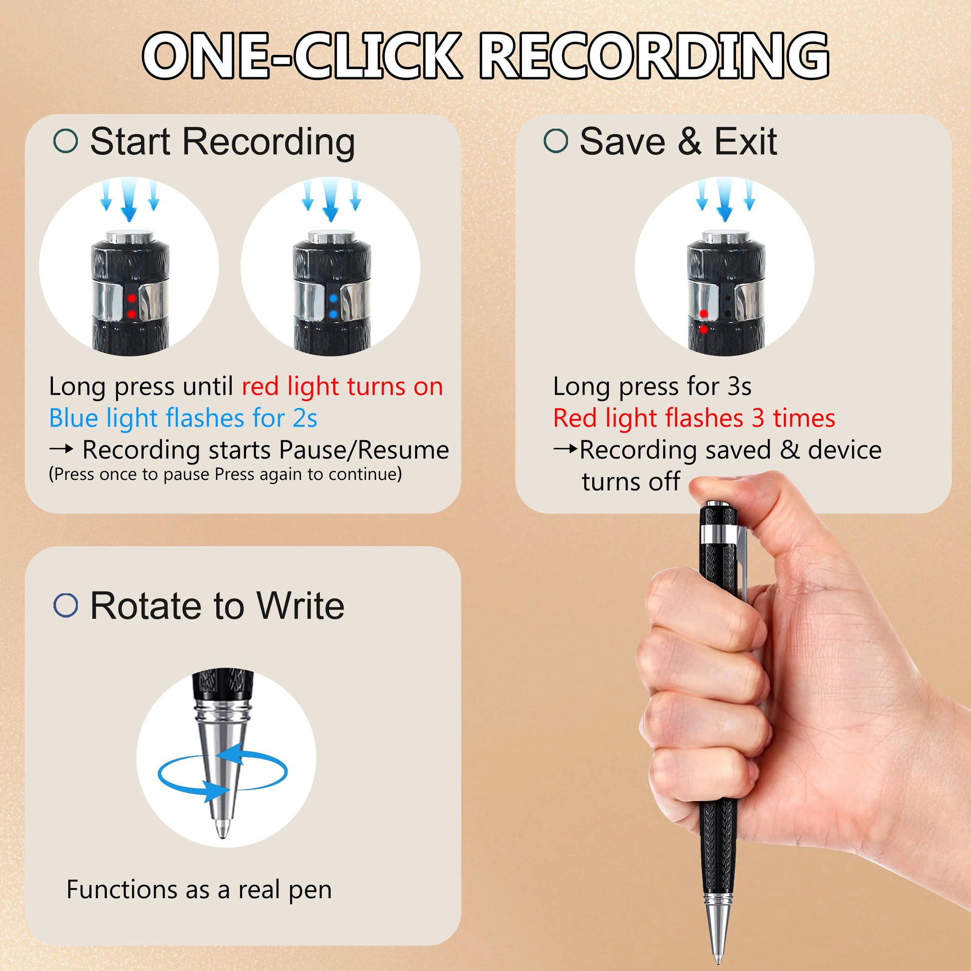 Smart Digital Pen with Refillable Metal Body, Portable Voice Activated Recorder with Noise Reduction for High-Precision Audio Recording and USB Connectivity