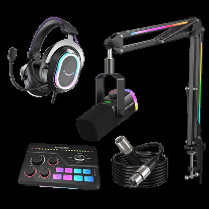 FIFINE Ultimate Streaming and Gaming Bundle: AM8Pro Microphone Kit, SC8 Audio Mixer, and H13 Headset