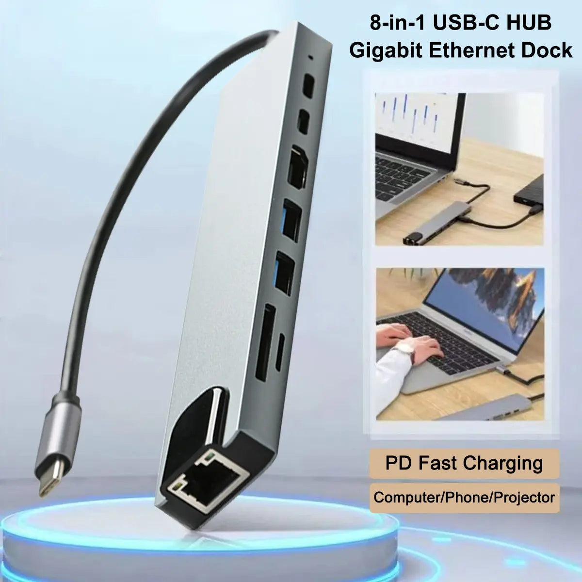 8-Port USB-C Hub Featuring 87W Power Delivery, Ethernet, USB 3.0, 4K Ultra HD Output, SD/TF Card Reader, and Multiple USB-C Interfaces for Peripheral Connectivity