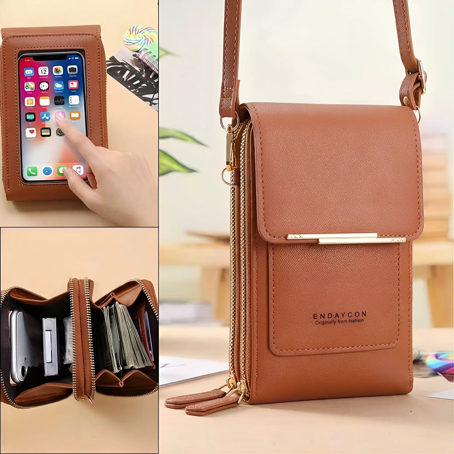 Touchscreen-Compatible Crossbody Phone Bag with Transparent Window, Multiple Color Options, Three Card Slots, and Secure Dual Zipper Closure
