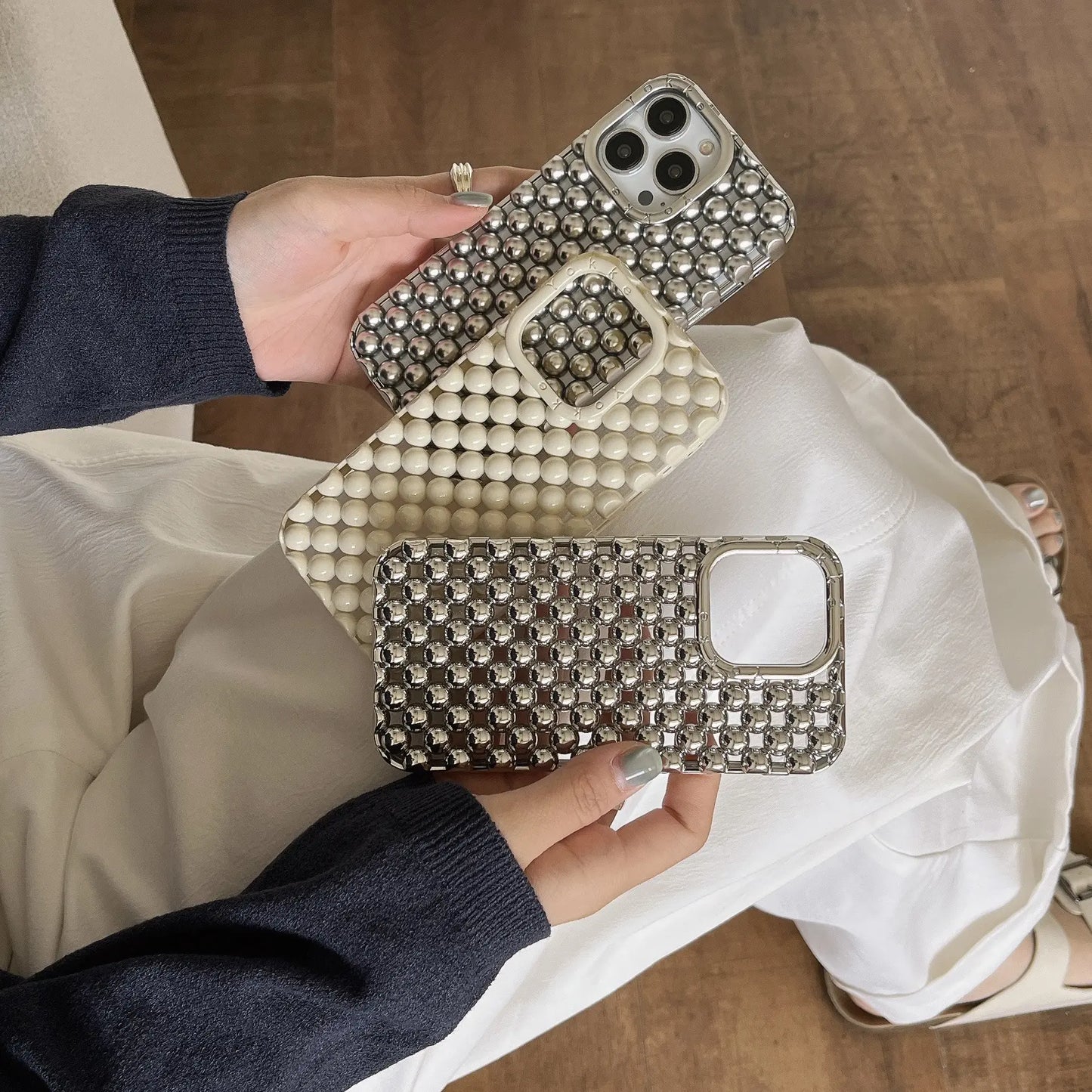 Electroplated Silver Bead Summer Cooling Case for iPhone 17 Pro Max, 16 Pro Max, 15, and 14 - Shockproof Soft Protective Cover for Aesthetic Smartphone Protection