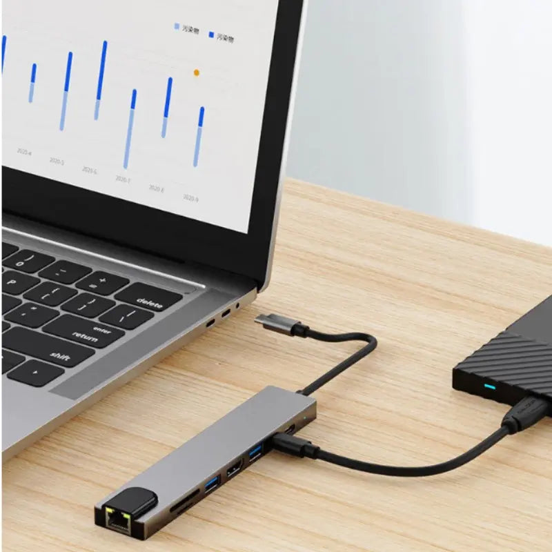 8-Port USB-C Hub Featuring 87W Power Delivery, Ethernet, USB 3.0, 4K Ultra HD Output, SD/TF Card Reader, and Multiple USB-C Interfaces for Peripheral Connectivity