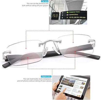 Auto-Adjusting High Definition Reading Glasses, Stylish Rimless Computer Eyewear, UV Protection Eyeglasses