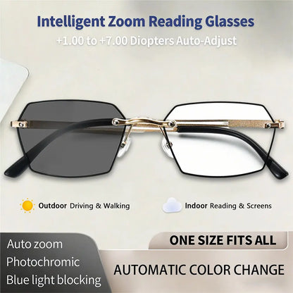 Auto-Adjusting High Definition Reading Glasses, Stylish Rimless Computer Eyewear, UV Protection Eyeglasses