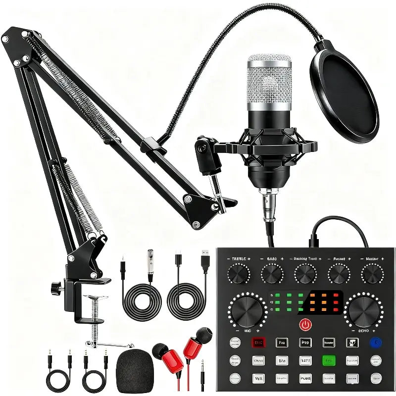 V8S Mixer Sound Card Bundle with Condenser Microphone - Professional Plug & Play Studio Equipment Set