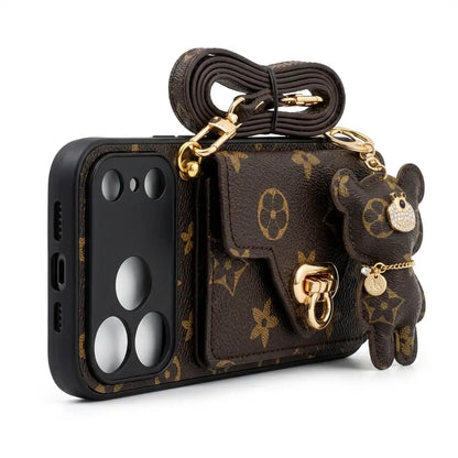 Luxury iPhone 17 Pro Max Wallet Case for Women with Brown Bear Keychain and Shoulder Strap - The Perfect Blend of Fashion and Safety