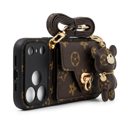 Luxury iPhone 17 Pro Max Wallet Case for Women with Brown Bear Keychain and Shoulder Strap - The Perfect Blend of Fashion and Safety
