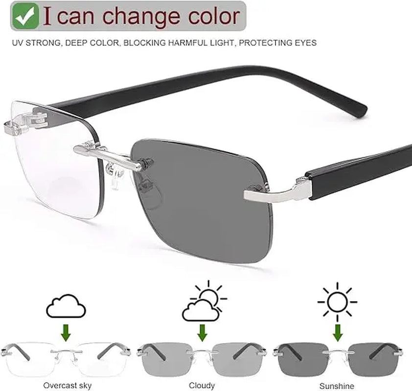 Auto-Adjusting High Definition Reading Glasses, Stylish Rimless Computer Eyewear, UV Protection Eyeglasses