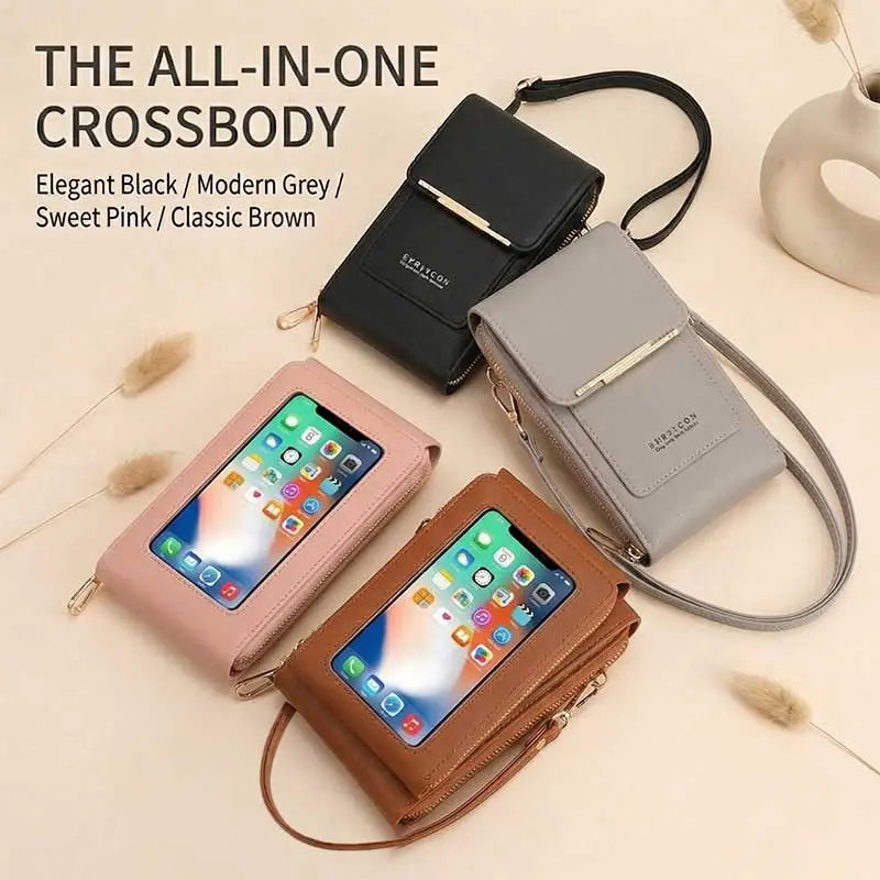 Touchscreen-Compatible Crossbody Phone Bag with Transparent Window, Multiple Color Options, Three Card Slots, and Secure Dual Zipper Closure