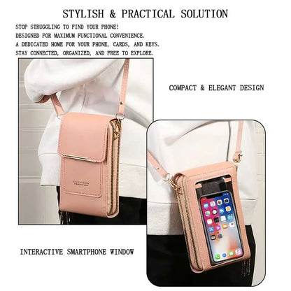 Touchscreen-Compatible Crossbody Phone Bag with Transparent Window, Multiple Color Options, Three Card Slots, and Secure Dual Zipper Closure