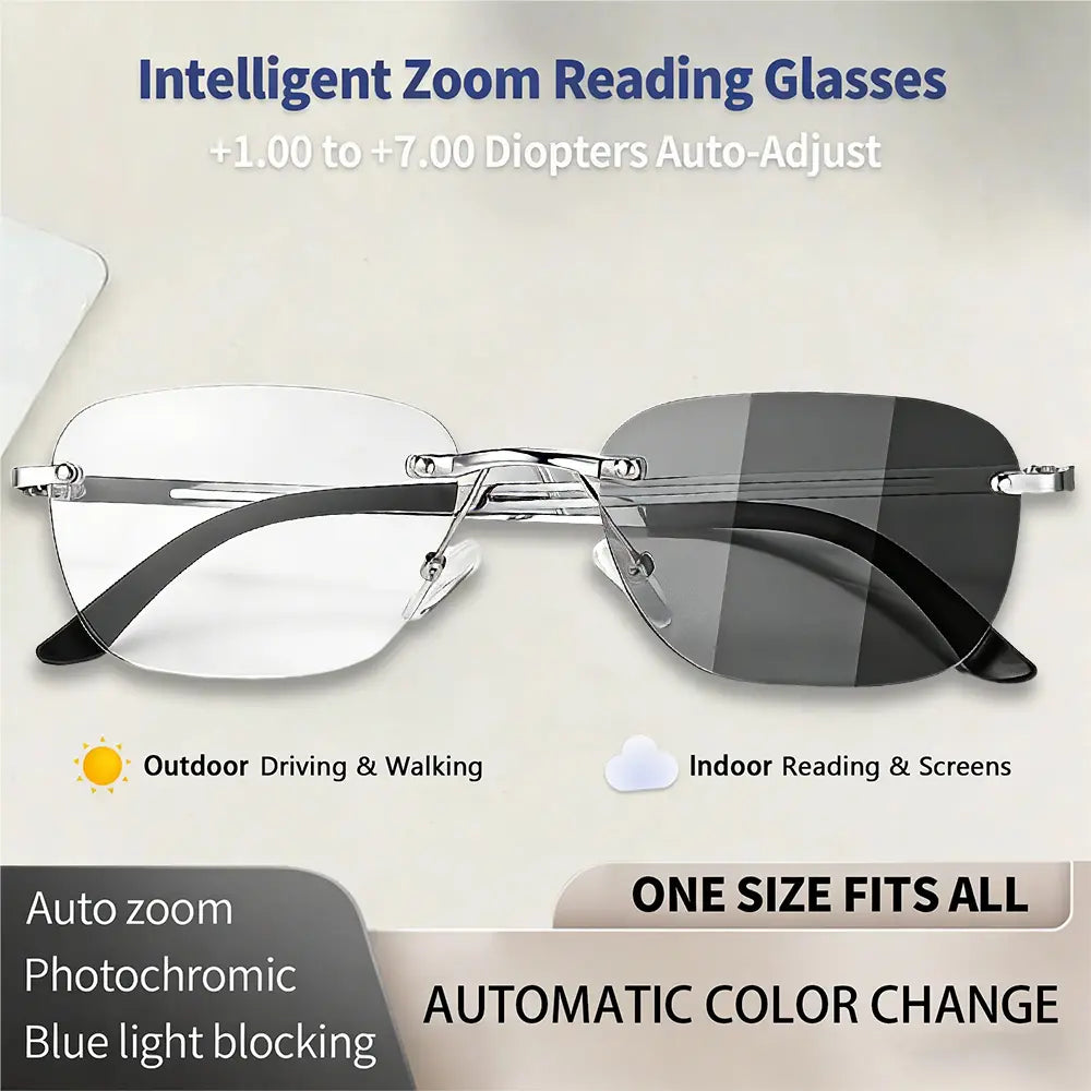 Auto-Adjusting High Definition Reading Glasses, Stylish Rimless Computer Eyewear, UV Protection Eyeglasses