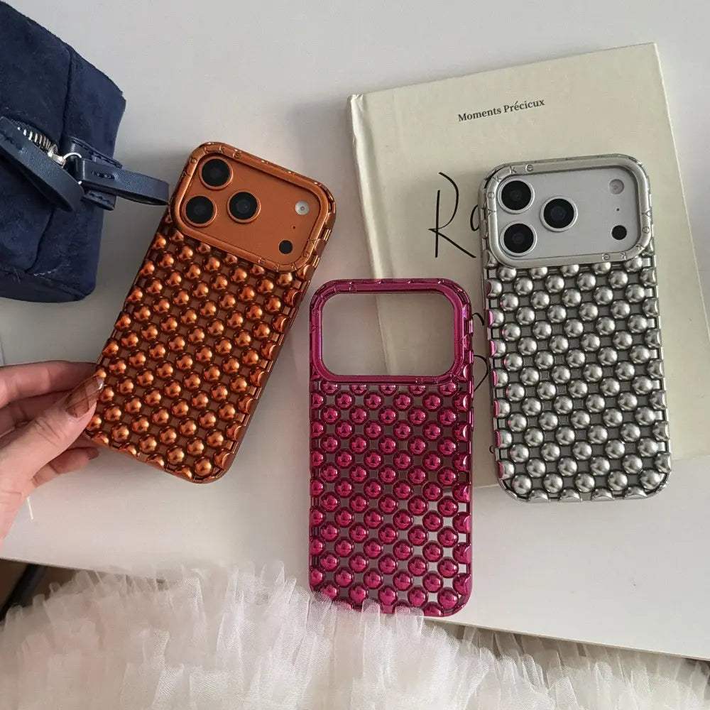 Electroplated Silver Bead Summer Cooling Case for iPhone 17 Pro Max, 16 Pro Max, 15, and 14 - Shockproof Soft Protective Cover for Aesthetic Smartphone Protection