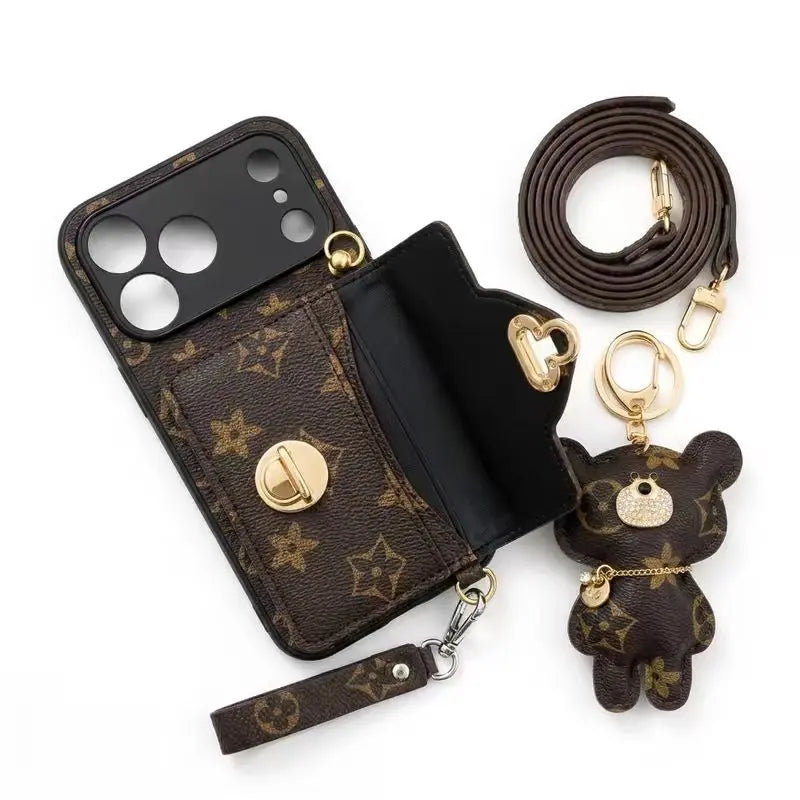Luxury iPhone 17 Pro Max Wallet Case for Women with Brown Bear Keychain and Shoulder Strap - The Perfect Blend of Fashion and Safety