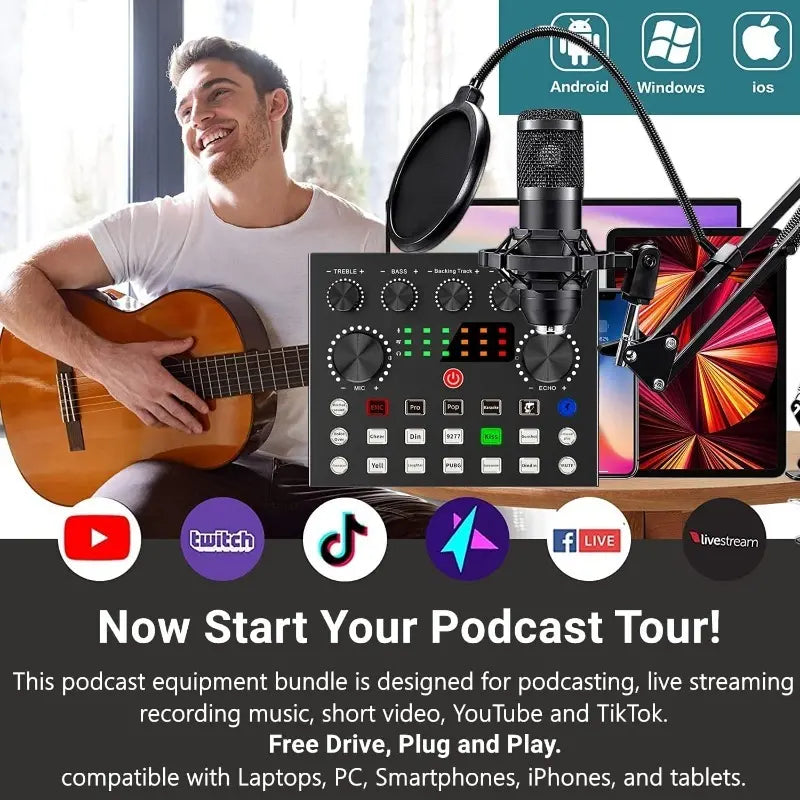 V8S Mixer Sound Card Bundle with Condenser Microphone - Professional Plug & Play Studio Equipment Set