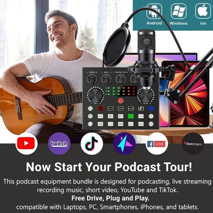 V8S Mixer Sound Card Bundle with Condenser Microphone - Professional Plug & Play Studio Equipment Set