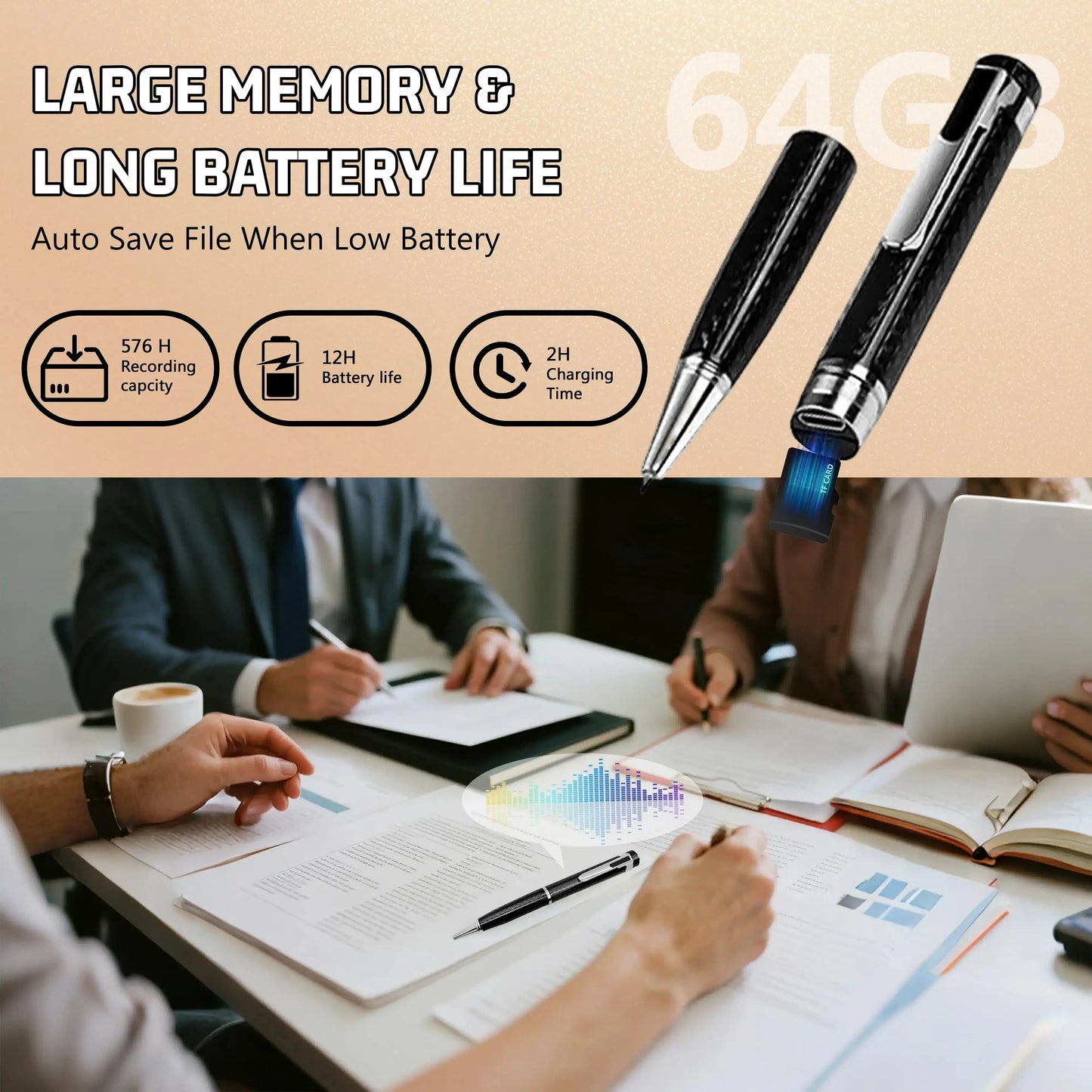 Smart Digital Pen with Refillable Metal Body, Portable Voice Activated Recorder with Noise Reduction for High-Precision Audio Recording and USB Connectivity