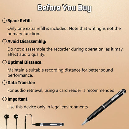 Smart Digital Pen with Refillable Metal Body, Portable Voice Activated Recorder with Noise Reduction for High-Precision Audio Recording and USB Connectivity
