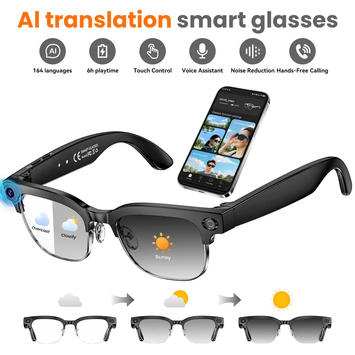 High-Definition Smart Glasses with Camera, AI Voice Control, Extended Battery Life, Object Recognition, and Real-Time Translation
