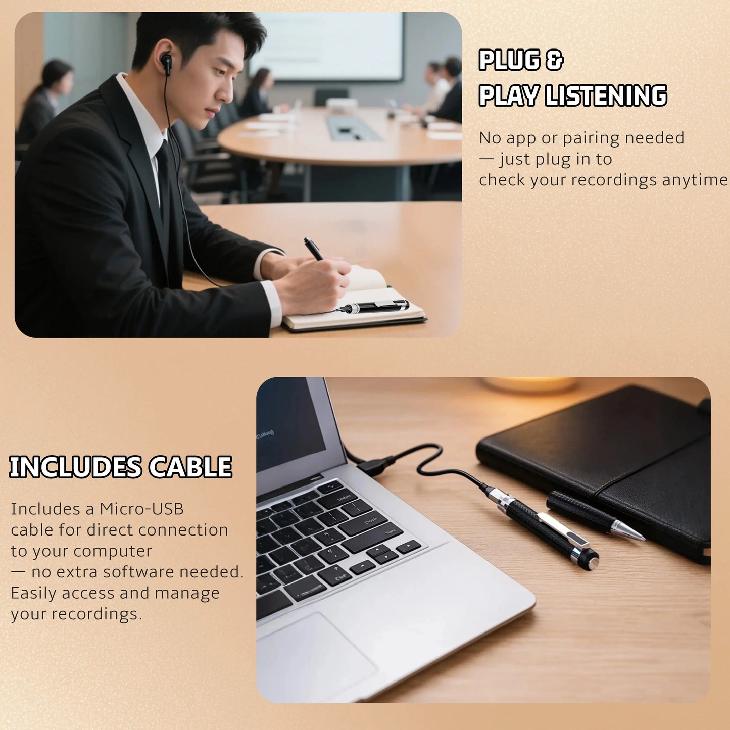 Smart Digital Pen with Refillable Metal Body, Portable Voice Activated Recorder with Noise Reduction for High-Precision Audio Recording and USB Connectivity