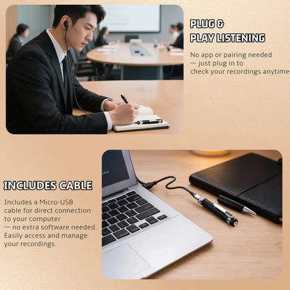 Smart Digital Pen with Refillable Metal Body, Portable Voice Activated Recorder with Noise Reduction for High-Precision Audio Recording and USB Connectivity