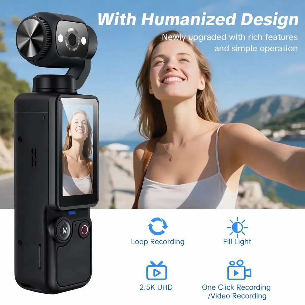 Portable Ultra HD Video Recorder with 180° Rotating Lens and Handheld Stabilizer, Ideal for Vlogging, Travel, and Daily Life, USB Rechargeable, Durable Design, Black