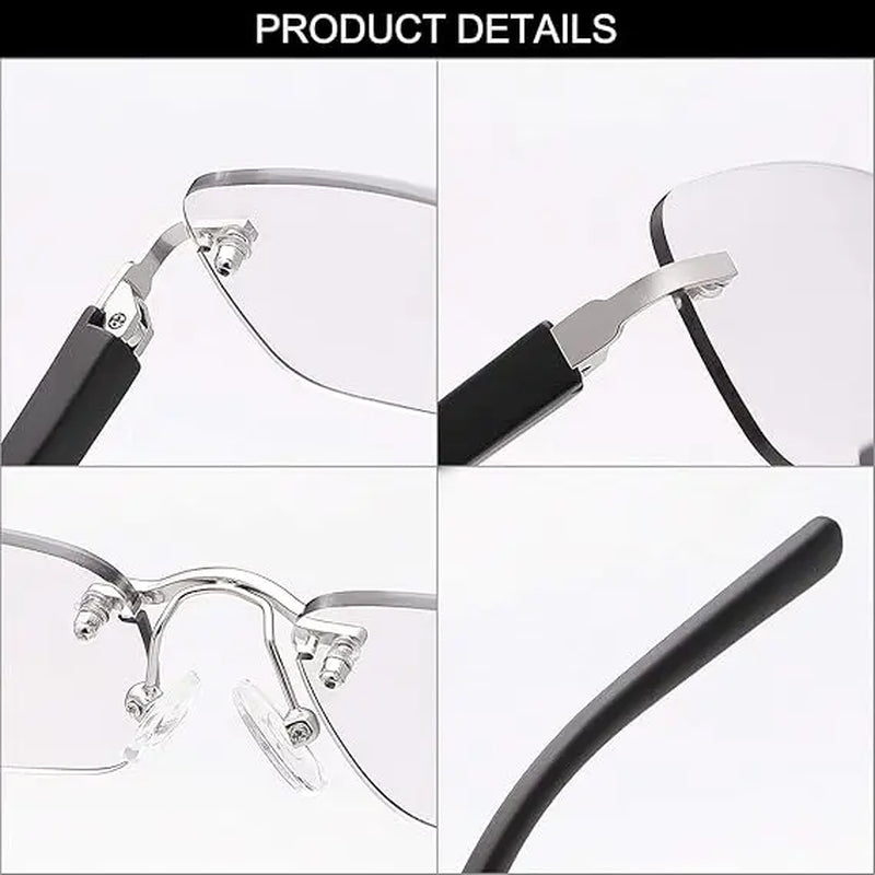 Auto-Adjusting High Definition Reading Glasses, Stylish Rimless Computer Eyewear, UV Protection Eyeglasses
