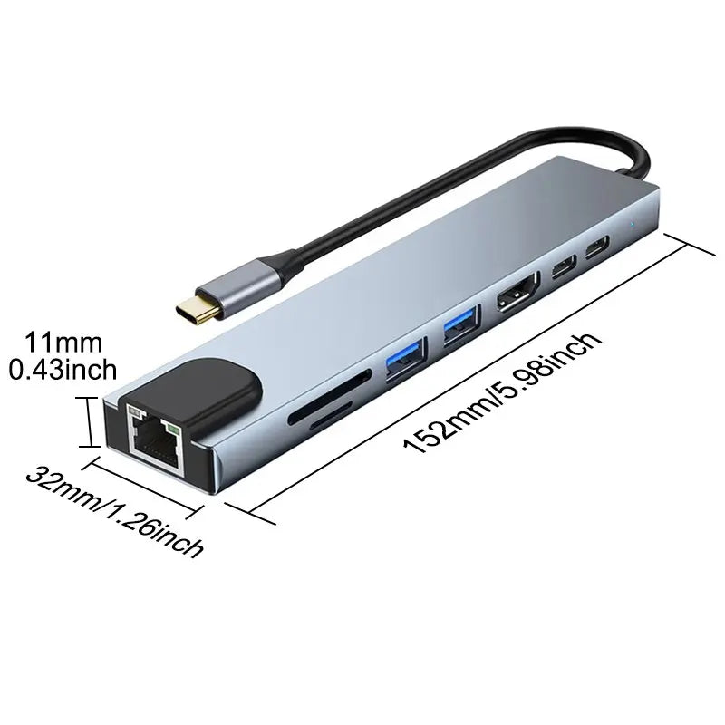 8-Port USB-C Hub Featuring 87W Power Delivery, Ethernet, USB 3.0, 4K Ultra HD Output, SD/TF Card Reader, and Multiple USB-C Interfaces for Peripheral Connectivity