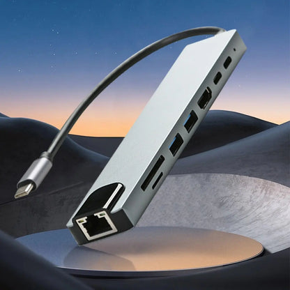 8-Port USB-C Hub Featuring 87W Power Delivery, Ethernet, USB 3.0, 4K Ultra HD Output, SD/TF Card Reader, and Multiple USB-C Interfaces for Peripheral Connectivity